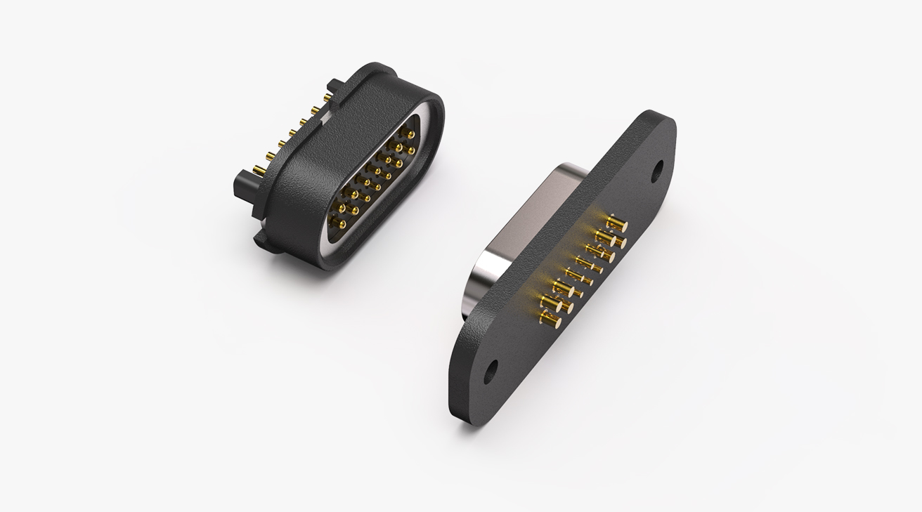 磁吸连接器 跑道形磁性系列：14PIN，电镀黄铜Au10u，电压12V，电流1.5A，工作行程1.1mm:35gfMax，弹力10000次+，工作温度-30&deg;~85&deg;