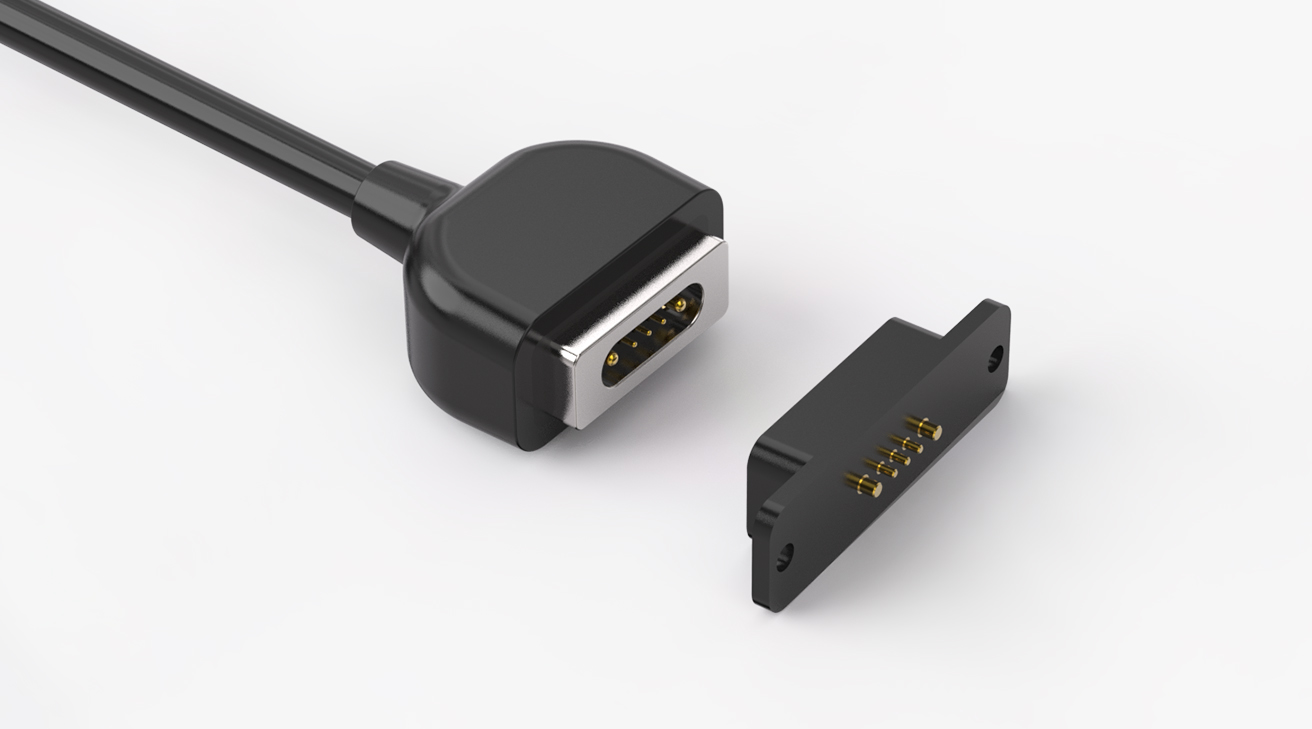 磁吸数据线 跑道形磁性系列：5PIN，电镀黄铜Au5u，电压24V，电流5A，工作行程1.2mm:80gfMax，弹力寿命10000次+，工作温度-30&deg;~85&deg;