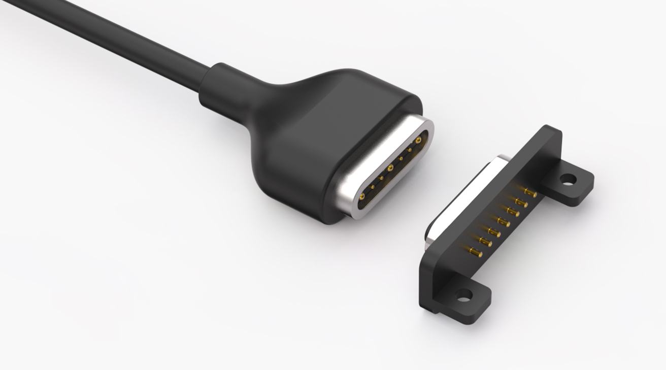 磁吸数据线 跑道形磁性系列：7PIN，电镀黄铜Au5u，电压24V，电流3A，工作行程0.8mm:60gfMax，弹力寿命10000次+，工作温度-30&deg;~85&deg;