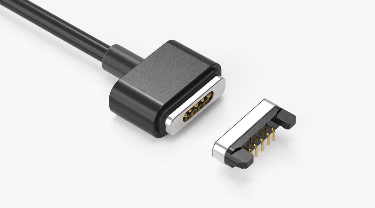 磁吸数据线 跑道形磁性系列：5PIN，电镀黄铜Au10u，电压5V，电流2A，工作行程0.8mm:60gfMax，弹力寿命10000次+，工作温度-30&deg;~85&deg;