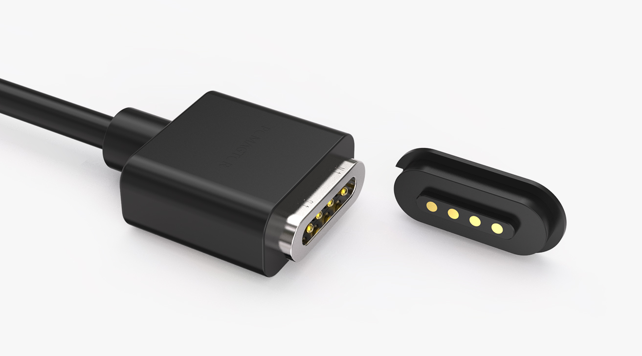 磁吸数据线 跑道形磁性系列：4PIN，电镀黄铜Au3u，电压5V，电流3A，工作行程0.8mm:80gfMax，弹力寿命10000次+，工作温度-30&deg;~85&deg;